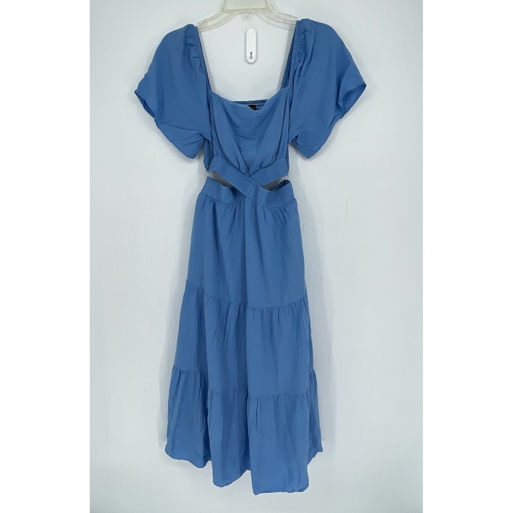 LEANI Women's Blue Square Neck Cutout Puff Sleeve Tiered Boho Maxi Dress Size S